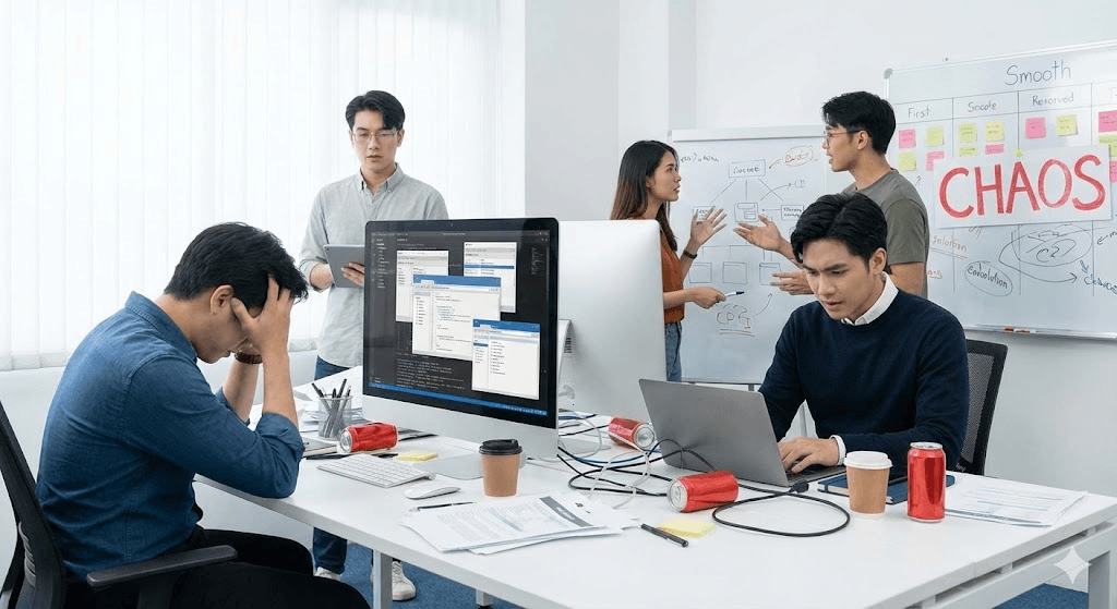 Team of engineers stressed and surrounded by clutter, facing a whiteboard with 'CHAOS' written prominently. Desks are messy with energy drink cans, reflecting a high-pressure, unorganized environment.
